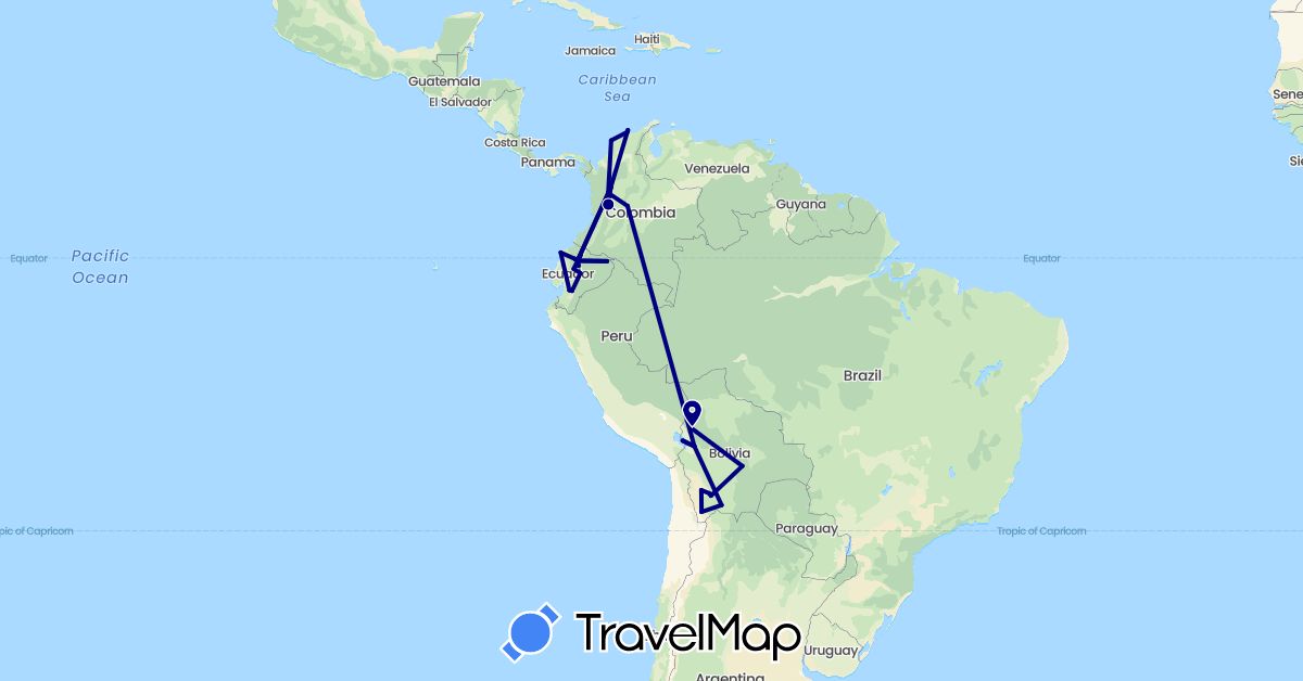 TravelMap itinerary: driving in Bolivia, Colombia, Ecuador (South America)